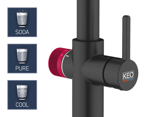 Baterie s možnostmi Soda, Čistá a Chladná a logem Keo