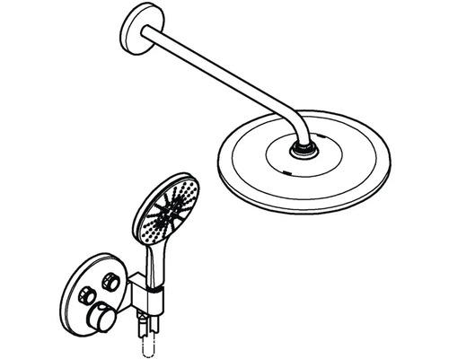 Ilustrace sprchového setu s hlavovou sprchou, ruční sprchou a termostatickou baterií