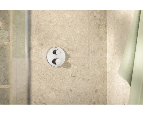 Logo společnosti Grohe. Nástěnná sprchová armatura se dvěma regulátory.