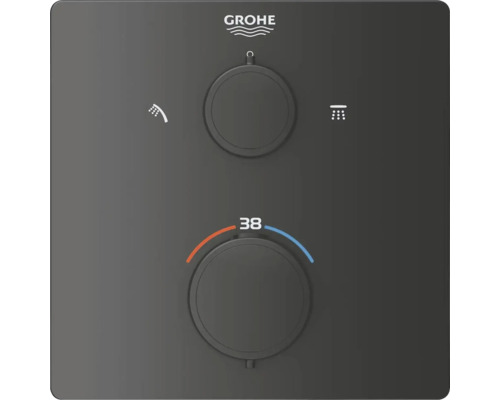 Logo Grohe, sprchový termostat se dvěma kulatými ovladači a omezením teploty na 38 stupňů