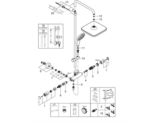 Rozkreslený nákres sprchové baterie s ruční a hlavovou sprchou