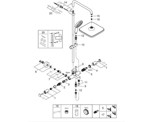 Rozkreslený nákres sprchové armatury s různými komponentami a rozměry
