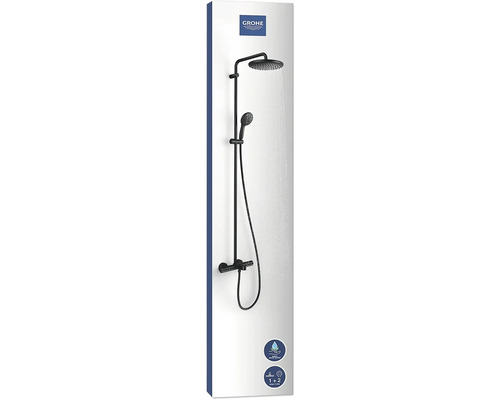 Logo Grohe. Sprchová tyčová souprava s horní a ruční sprchou do sprchy a vany.