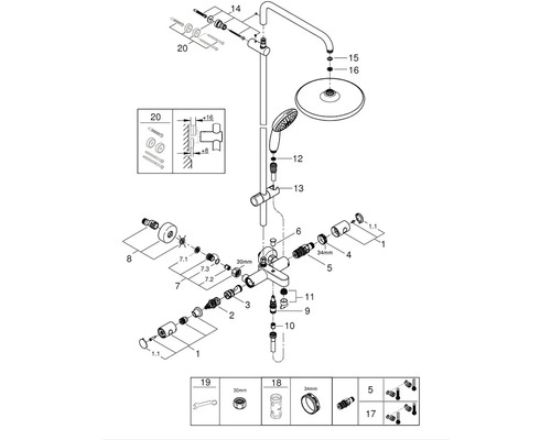 Rozkreslený nákres sprchové armatury s jednotlivými díly