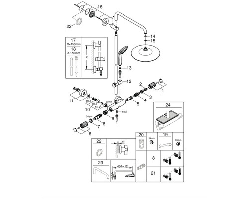Rozkreslený nákres sprchové baterie s jednotlivými díly a rozměry