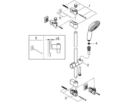 Rozkreslený nákres sprchové tyče s ruční sprchou a upevňovacím materiálem