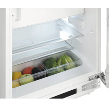 Vnitřní pohled na chladničku se zeleninou a ovocem v průhledných nádobách