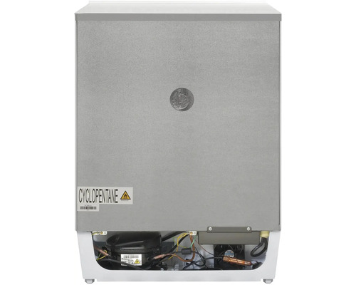 Zadní strana chladničky s upozorněním na cyklopentan