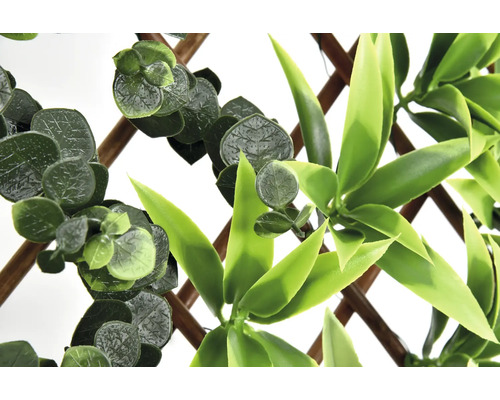 Stěna z umělých rostlin s eukalyptem a bambusovými listy na dřevěné mřížce