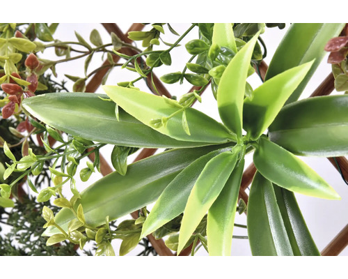 Umělá rostlina se zelenými listy a dřevěným rámem