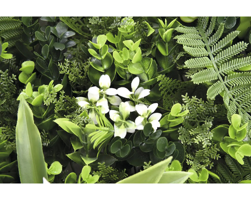 Umělá rostlinná stěna s kapradinou a bílými květy