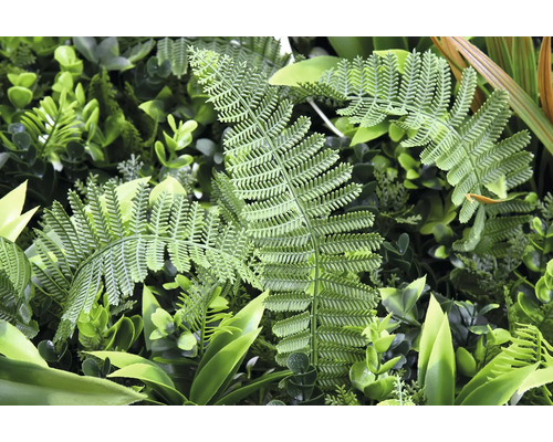 Umělá rostlinná stěna s kapradinami a různými zelenými listy.