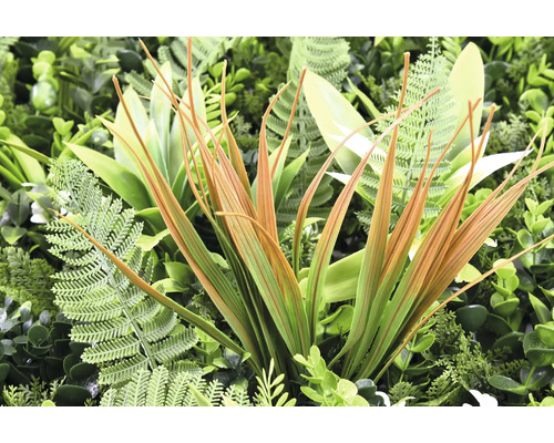 Umělá rostlinná stěna s různými trávami a kapradinami