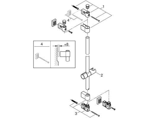 Rozkreslený nákres sprchové tyče s držáky a upevňovacím materiálem