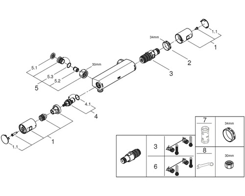Rozkreslený nákres sanitární armatury s různými komponenty a montážními díly