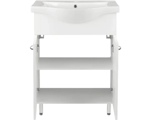 Bílá skříňka pod umyvadlo se dvěma policemi a otevřenými dvířky