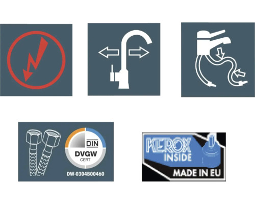 Symboly a pečetě kvality pro vodovodní baterii: Varování před úrazem elektrickým proudem, flexibilita, způsob připojení, certifikát DIN DVGW, Kerox Inside Made in EU
