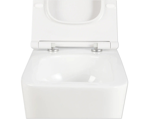 Bílá závěsná toaleta s hlubokým splachováním, otevřeným splachovacím kruhem a WC sedátkem