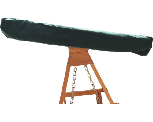 Detailní pohled na houpačku s dřevěným rámem a zeleným potahem.