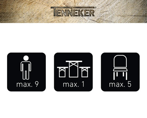 Logo společnosti Tenneker. Maximální počet osob: devět. Maximální počet stolů: jeden. Maximální počet židlí: pět.