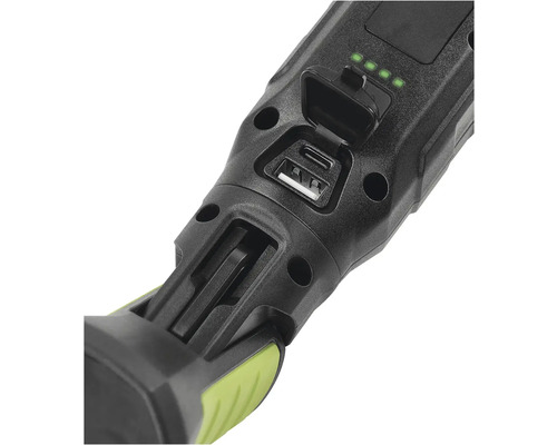 Detail dílenské lampy s nabíjecím portem USB