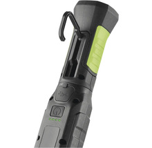 Detailní pohled na pracovní svítilnu s hákem k upevnění a USB portem