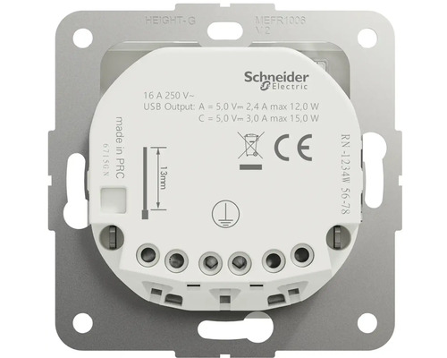 Logo společnosti Schneider Electric. Elektroinstalační zařízení s technickými informacemi a přípojkami.