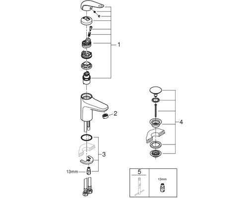 Rozkreslený nákres vodovodní baterie s jednotlivými díly