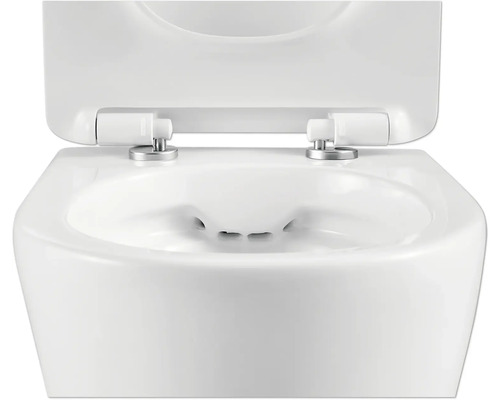 Závěsný hluboký splachovací klozet s otevřeným splachovacím okrajem a WC sedátkem