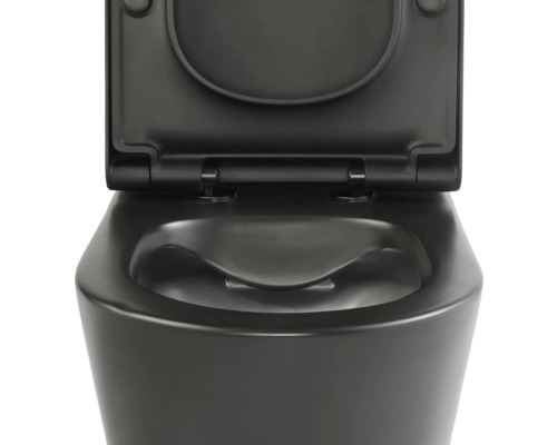 Černá závěsná toaleta s otevřeným víkem