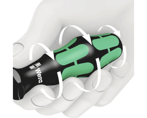 Logo Wera na rukojeti šroubováku v ruce s otočnými šipkami