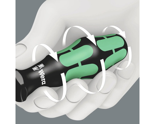 Ilustrace šroubováku Wera v ruce, která demonstruje ergonomickou rukojeť.