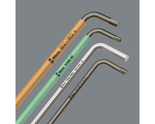 Několik barevně odlišených zahnutých šroubováků Wera různých velikostí