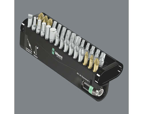 Sada bitů Wera s různými šroubovacími bity a držákem bitů