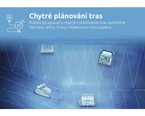 Ilustrace robotického čističe bazénů s inteligentním plánováním trasy pro čištění dna, stěn, okrajů a hladinové linky bazénu