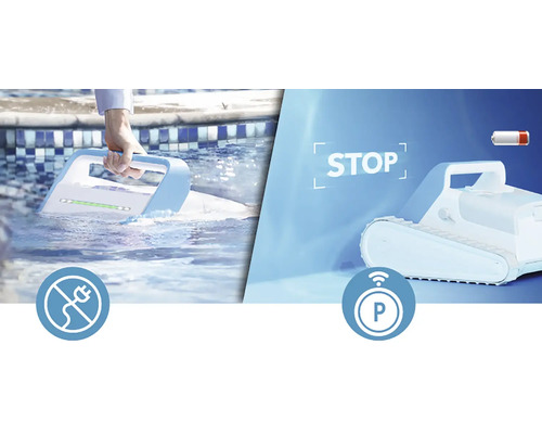 Akumulátorový čistič bazénů v provozu se symboly pro bezdrátový provoz a parkovací funkci