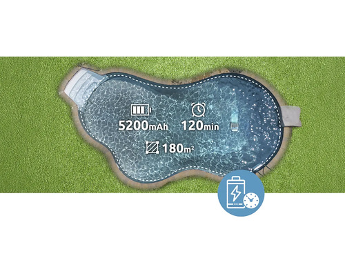 Bazén s kapacitou baterie 5200 mAh, dobou provozu 120 minut a čisticí plochou 180 metrů čtverečních