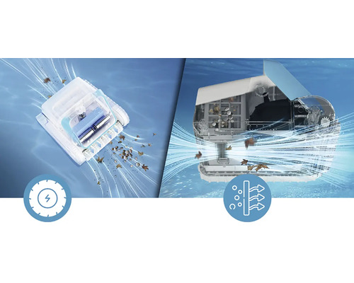 Robotický čistič bazénu s napájením a symbolem filtru