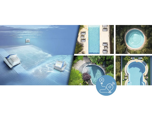 Bazénový robot v provozu a pohledy shora na bazény