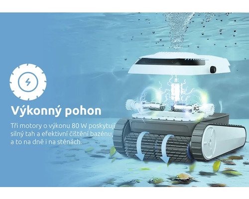 Robotický čistič bazénů pod vodou s viditelným motorem