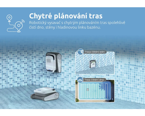 Robotický čistič bazénů s inteligentním plánováním tras pro čištění dna, stěn a hladinové linky