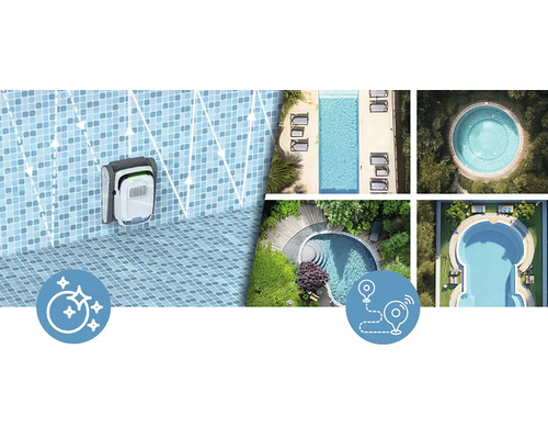 Robotický čistič bazénů v akci s různými pohledy na bazén