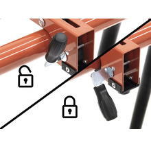 Kozová pila se zamykacím mechanismem v otevřeném a zavřeném stavu