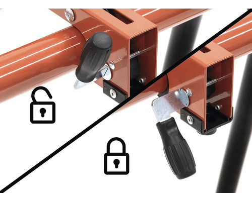 Kozová pila se zamykacím mechanismem v otevřeném a zavřeném stavu