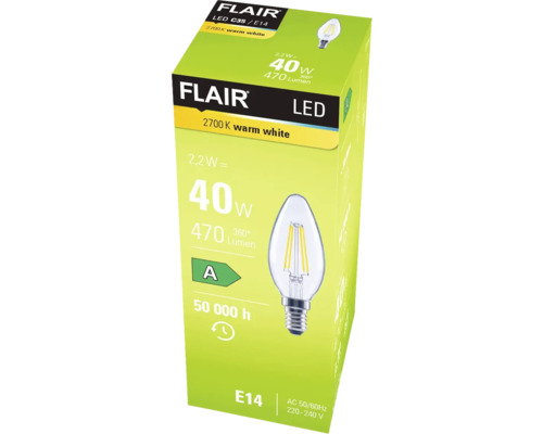 Balení LED žárovky Flair C35/E14 s 2700 kelviny teplá bílá