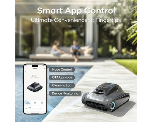 Robotický čistič bazénů Aiper Scuba S1 s ovládáním pomocí aplikace vedle smartphonu na okraji bazénu