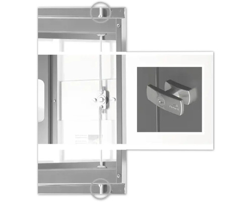 Detailní pohled na kovovou skříňku se zámkem a západkou