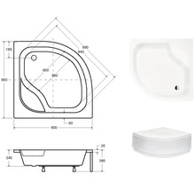 Technický výkres sprchové vaničky o rozměrech 900 x 900 mm