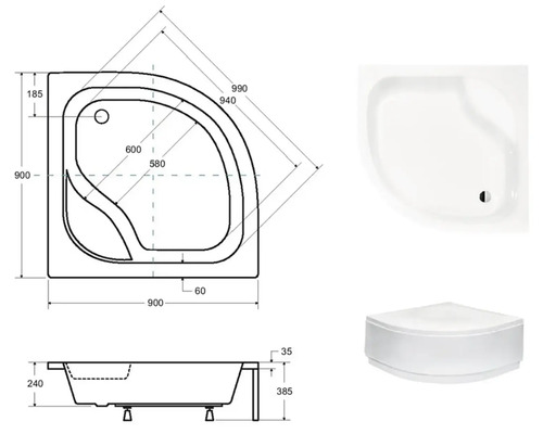 Technický výkres sprchové vaničky o rozměrech 900 x 900 mm