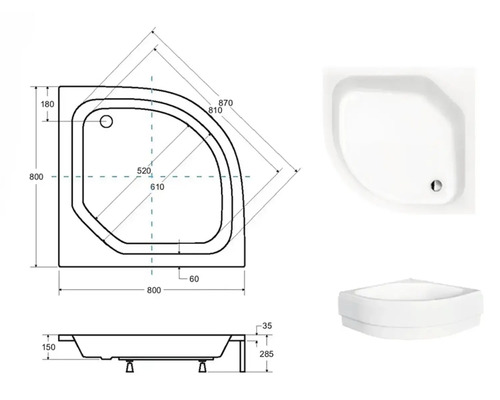 Technický nákres a zobrazení produktu čtvrtkruhového sprchového koutu s rozměry.